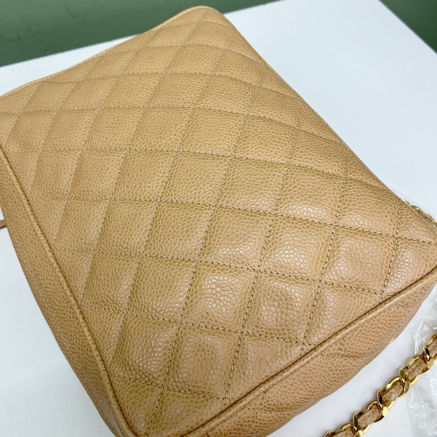 Chanel Diamond Tassel Camera Chain Shoulder Bag Beige Gold Used Women Classic