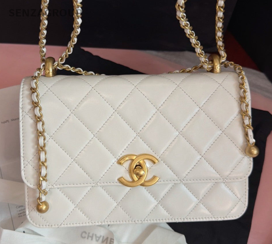 Chanel Diamond Calfskin Chain Shoulder Bag White Gold Women Classic Fashion