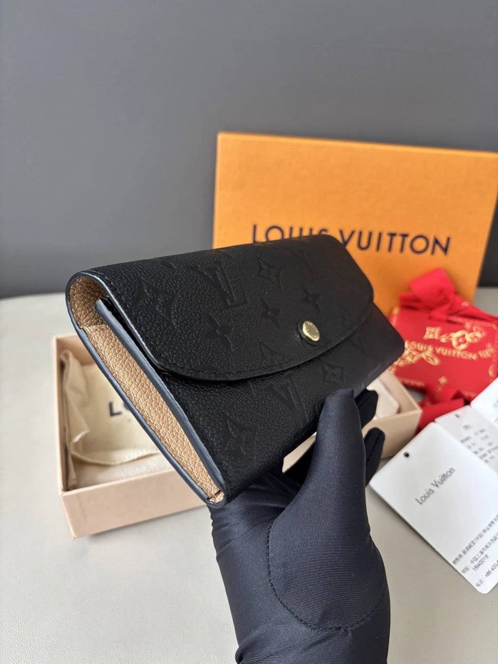 Excellent Louis Vuitton Emilie Wallet Calfskin Long Wallet Black Gold Hardware