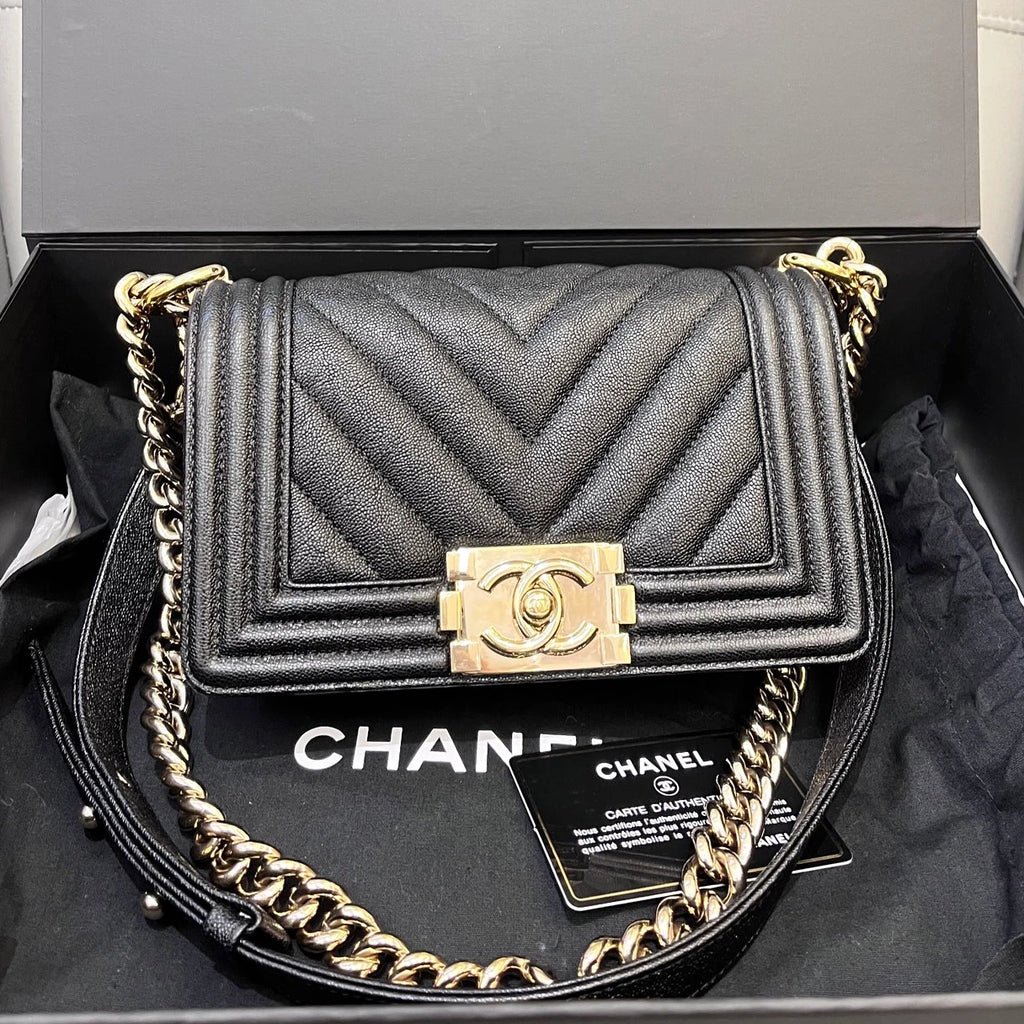 Chanel Leboy PM Calfskin Chain Shoulder Crossbody Black Gold Chevron Women