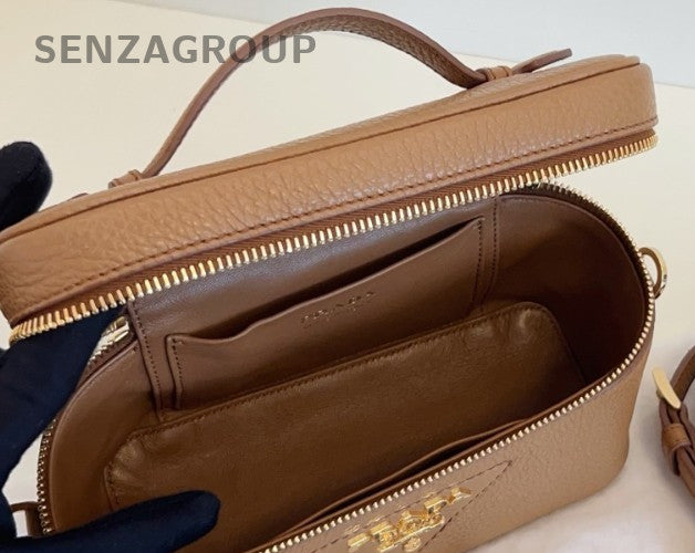 Prada Calfskin Leather 2Way Top Handle Bag Crossbody Brown Gold Women Classic