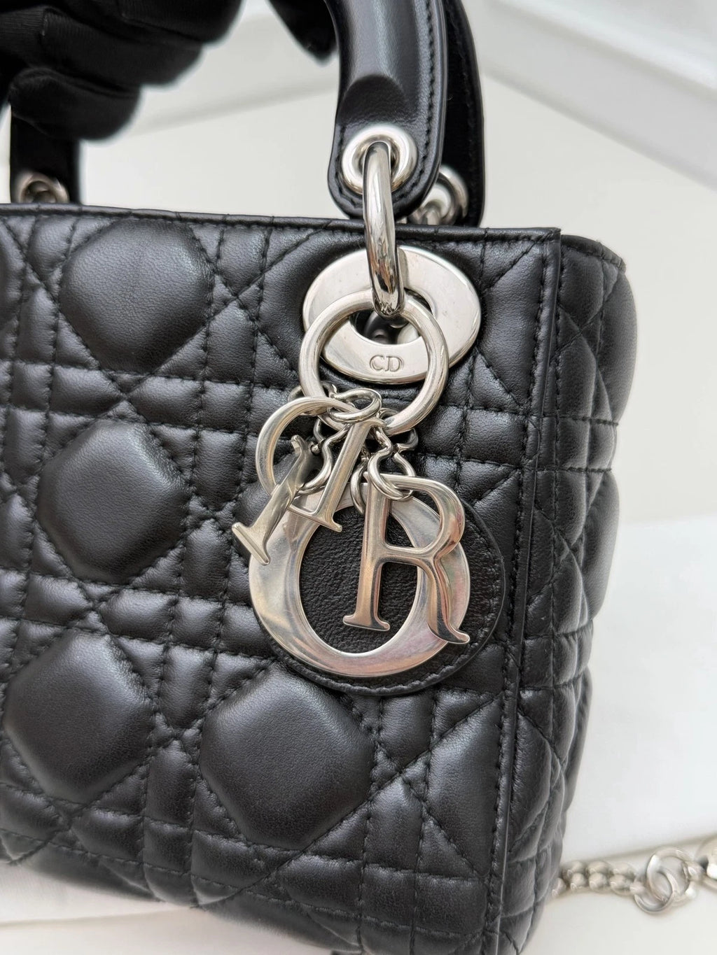 Christian Dior Lady Dior Lambskin Black Handbag Chain Crossbody Silver Hardware