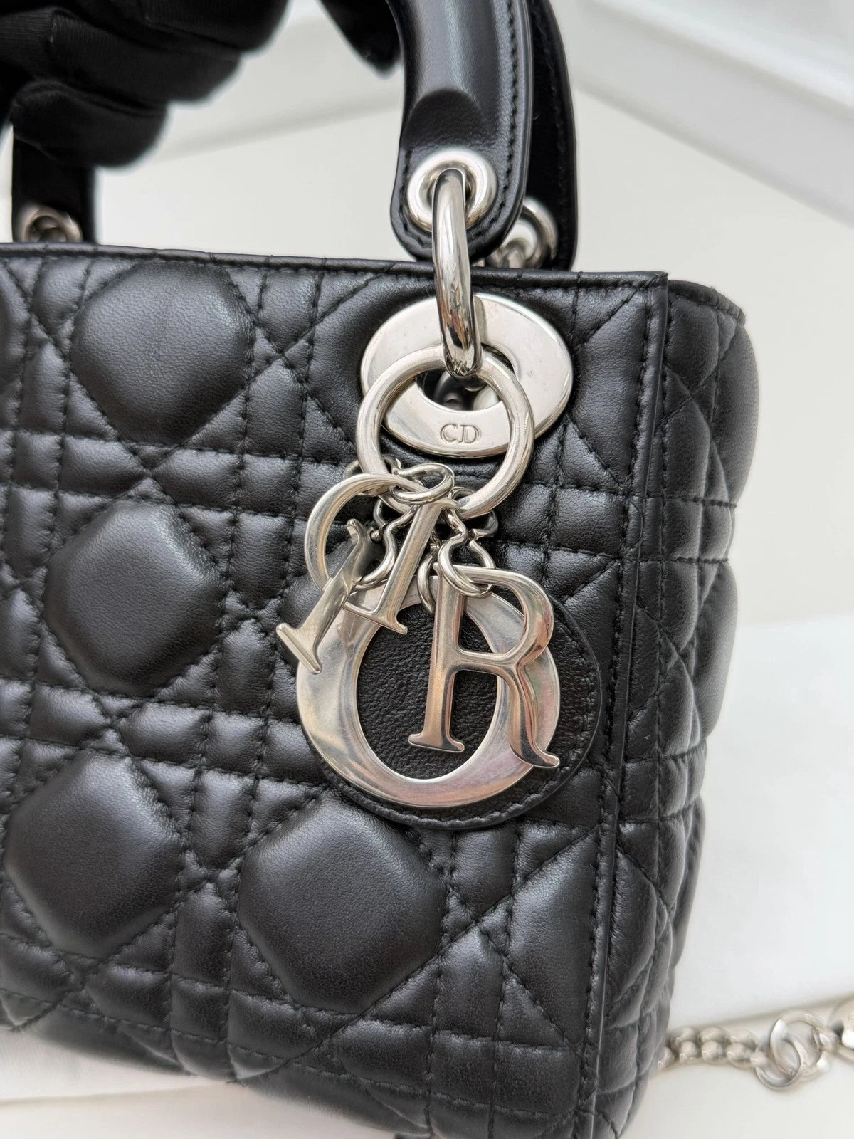 Christian Dior Lady Dior Lambskin Black Handbag Chain Crossbody Silver Hardware