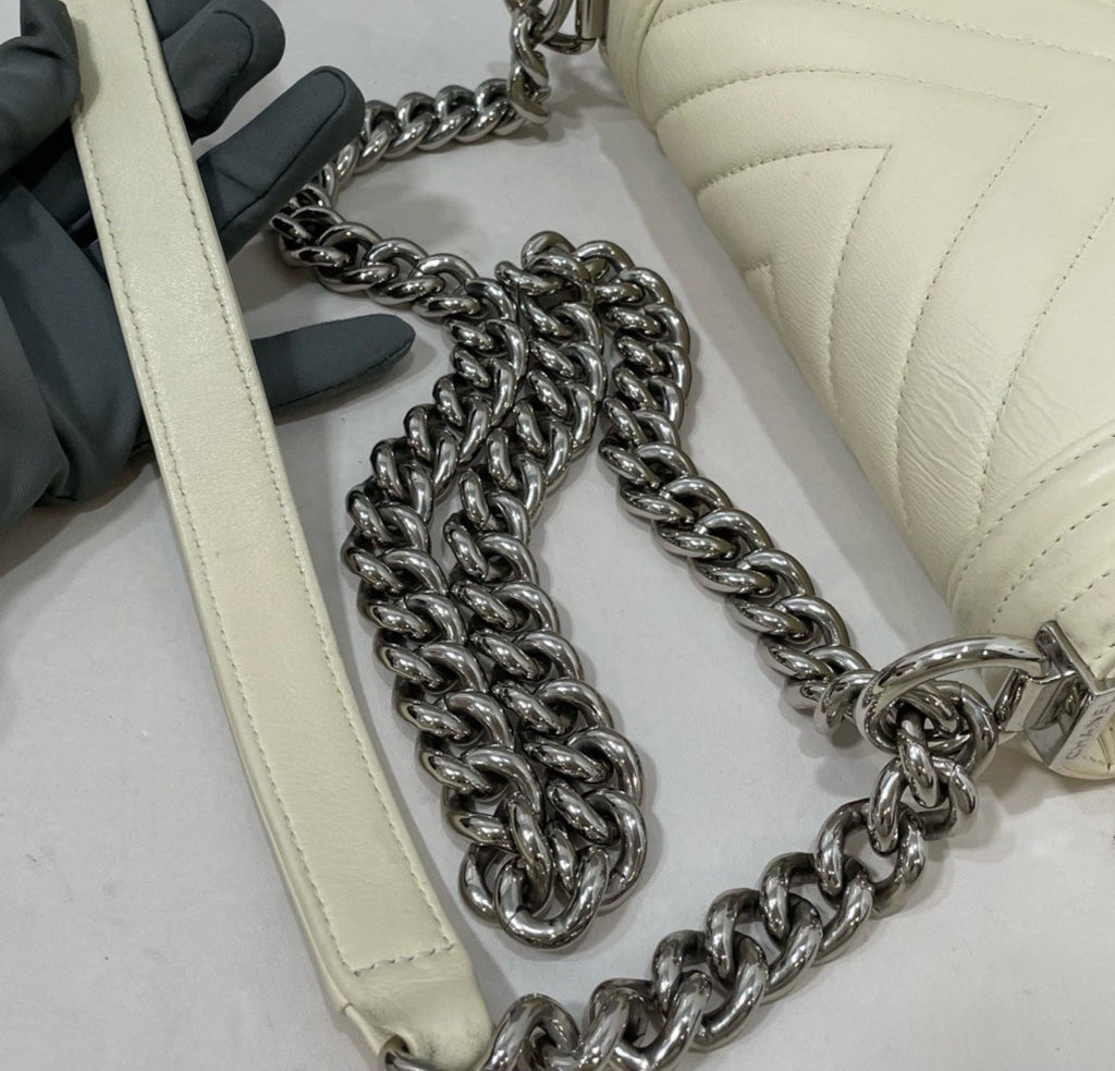 Chanel Leboy PM Chain Shoulder Bag White Silver Women Classic Fashion