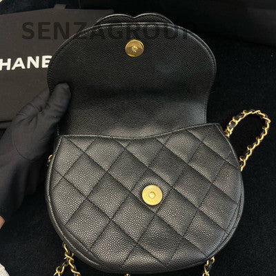 Chanel CC Logo Saddle Bag Black Gold Chain Shoulder Crossbody Bag