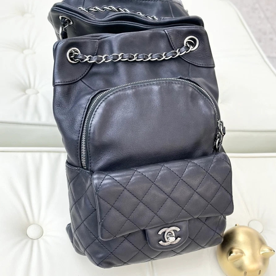 Chanel Backpack Calfskin Chain Black Silver Hardware Women Fashion S