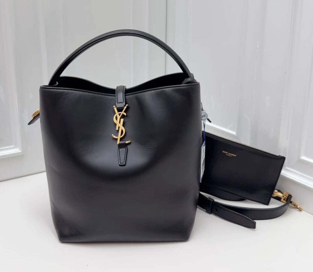 Excellent Saint Laurent LE37 Black Bucket Bag Handbag Crossbody Gold Hardware