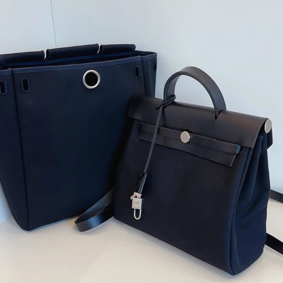 Hermes Herbag Backpack Top Handle Bag Black Silver Women Classic
