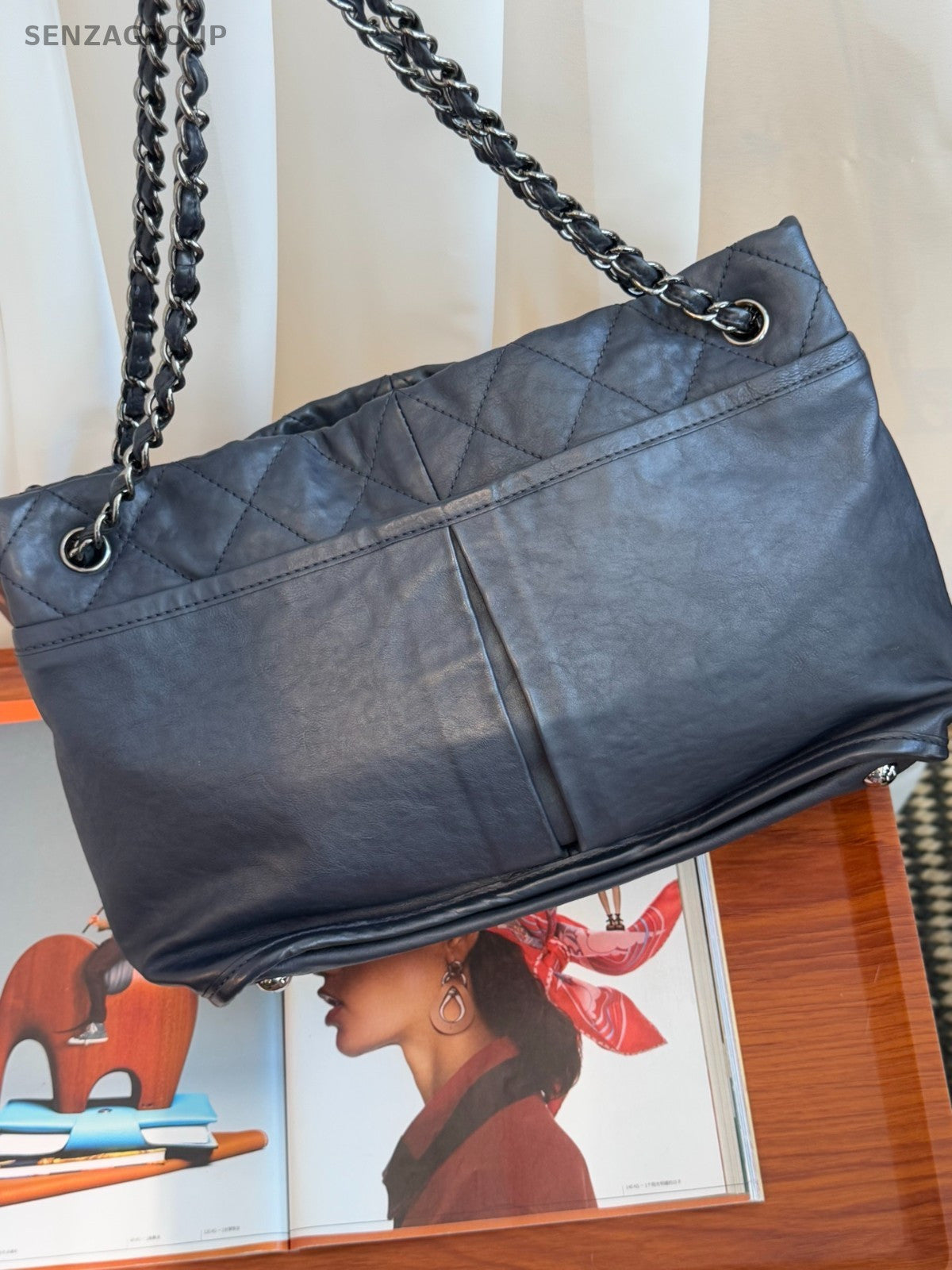 CHANEL CC Logo Tote Chain Shoulder bag Navy Blue Women Classic