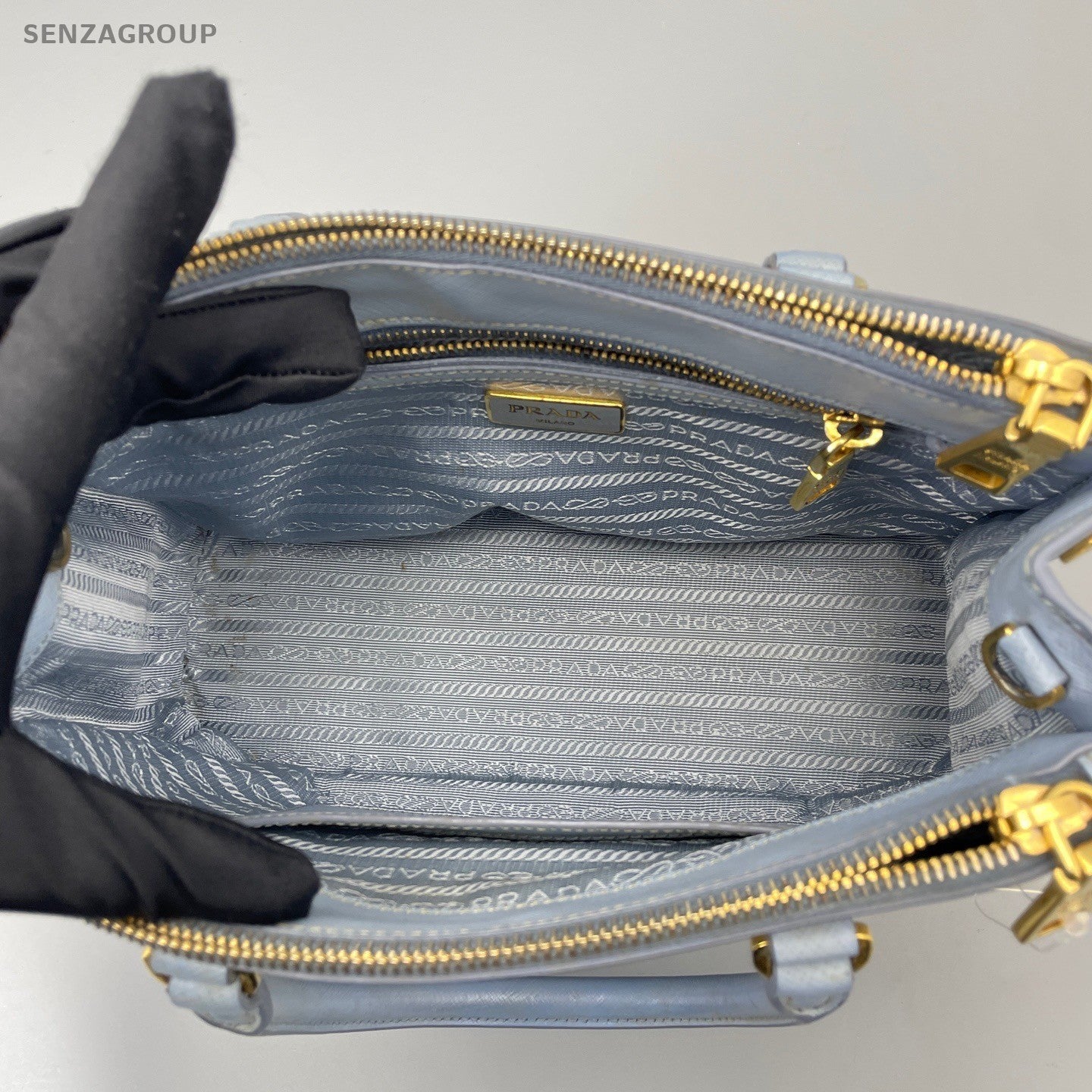 Prada Galleria PM Top Handle Bag Crossbody Blue Gold Women Classic