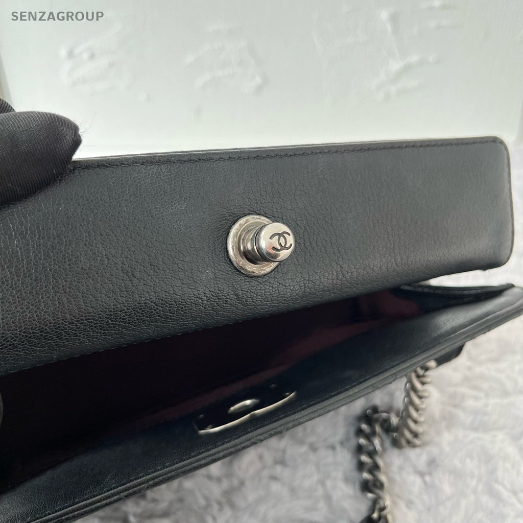 Chanel Mademoiselle De Madras Lambskin PM Chain Shoulder Bag Black Silver Women