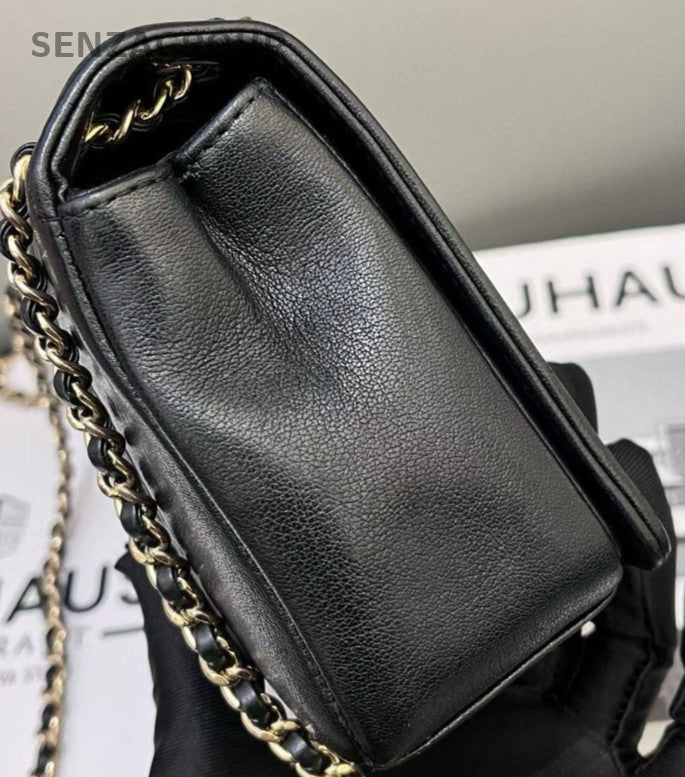 Chanel Classic Flap Diamond Chain Shoulder Bag Black Gold Used Women Designer