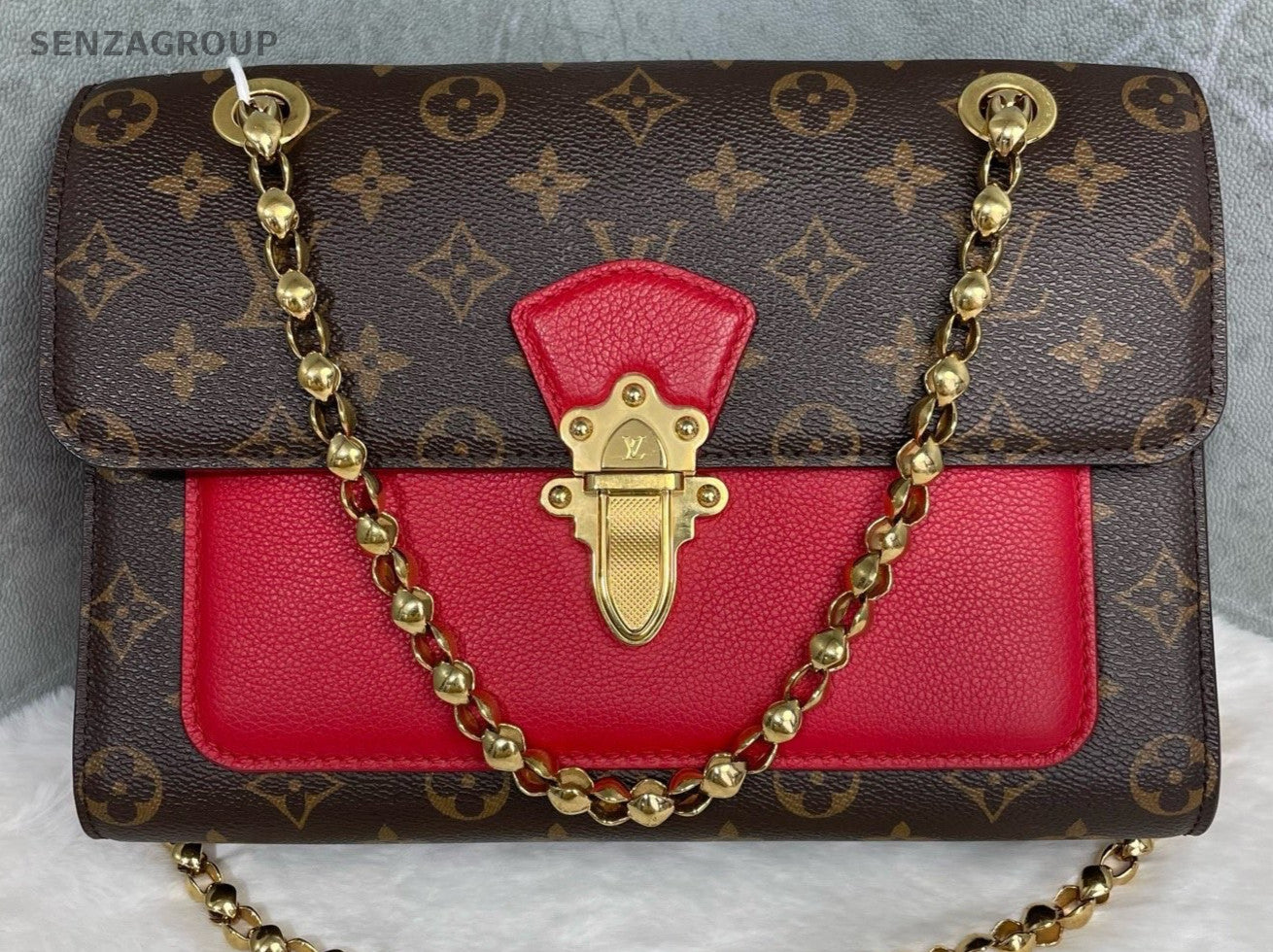 Louis Vuitton Monogram Chain Shoulder Bag Brown Red Used Women Classic Designer