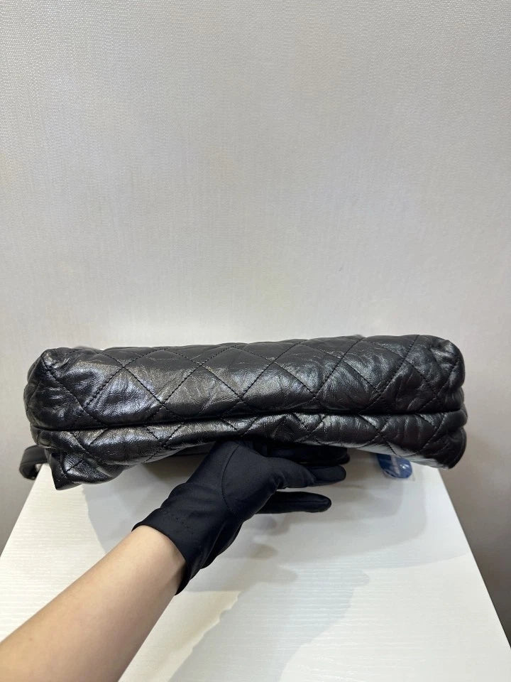 CHANEL Black Silver Oil Wax Leather Hobo Shoulder Bag For Women