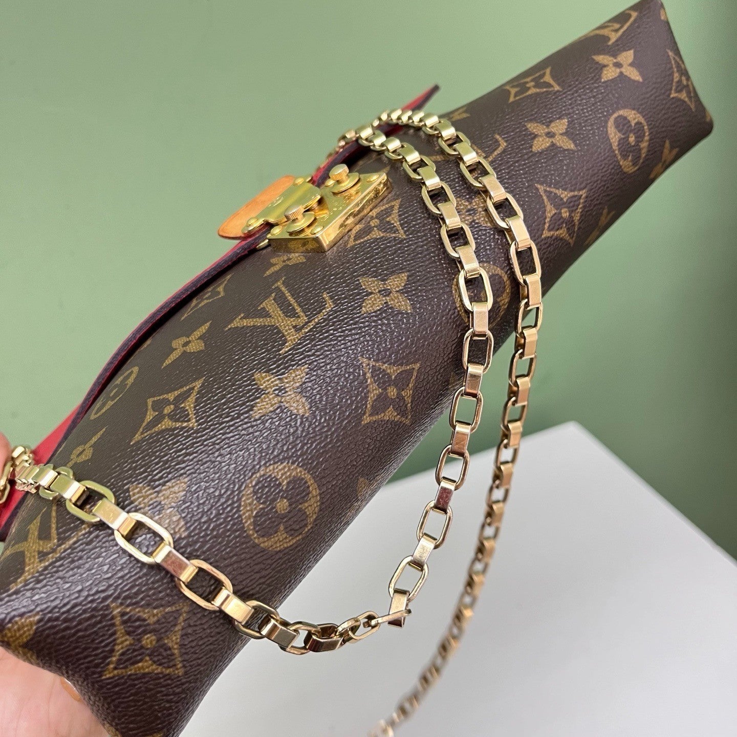 Louis Vuitton Pallas Chain Monogram Shoulder Bag Brown Red Used Women Classic