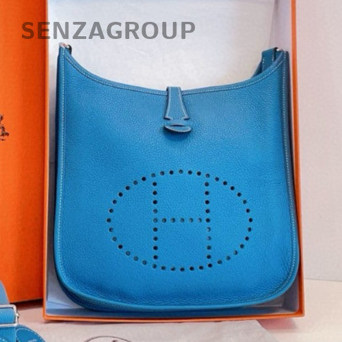 HERMES Evelyne Epsom Leather Shoulder Bag Crossbody Blue Silver Used Women