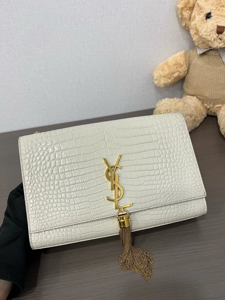 YSL White Crocodile Embossed Leather Tassel Kate Shoulder Bag For Women