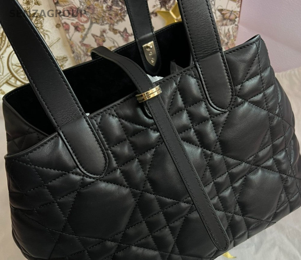 Chrisitian Dior Toujours MM Calfskin Top Handle Bag Black Gold Women Classic