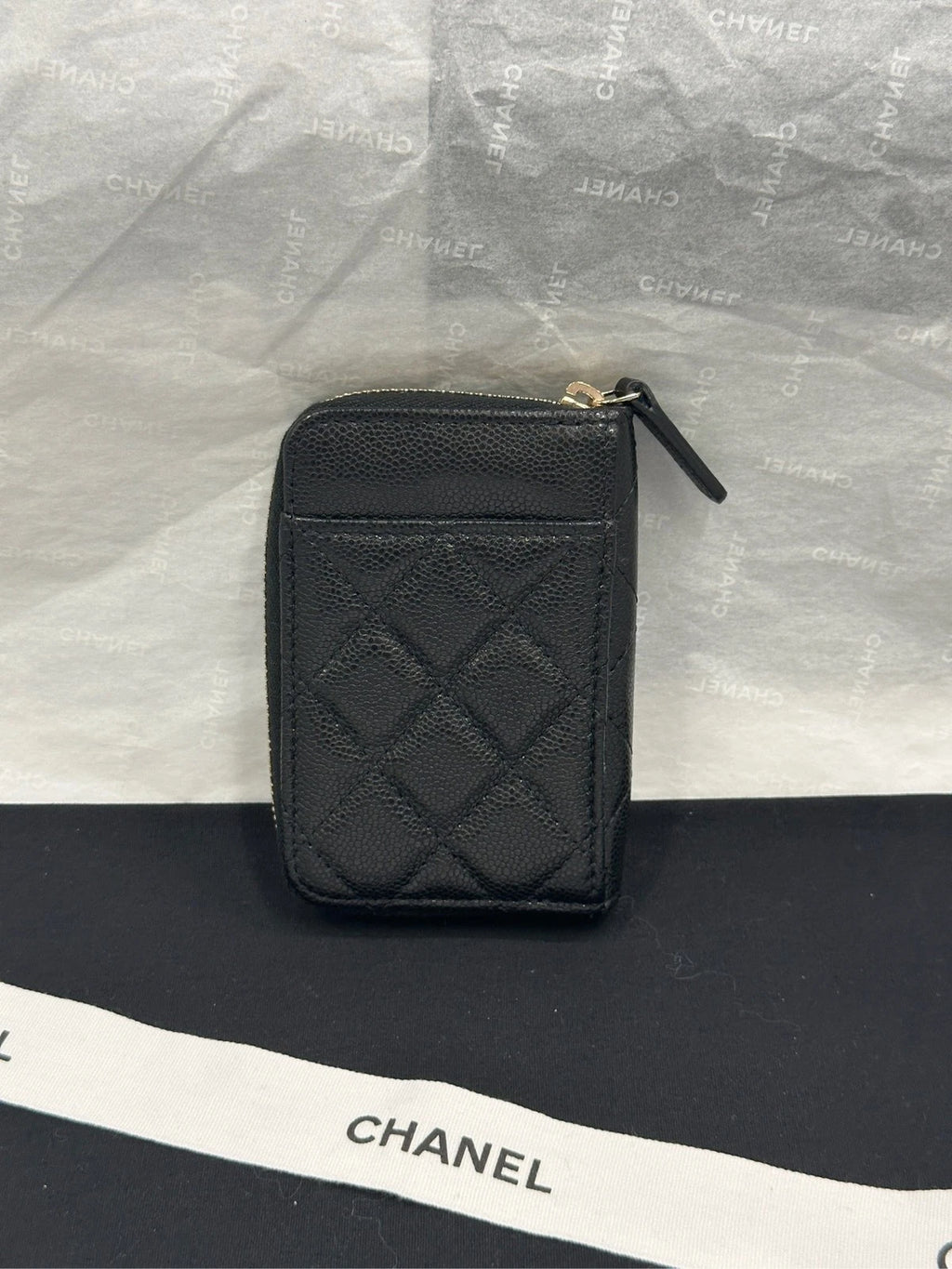 CHANEL Black Leather Zip Card Wallet For Women