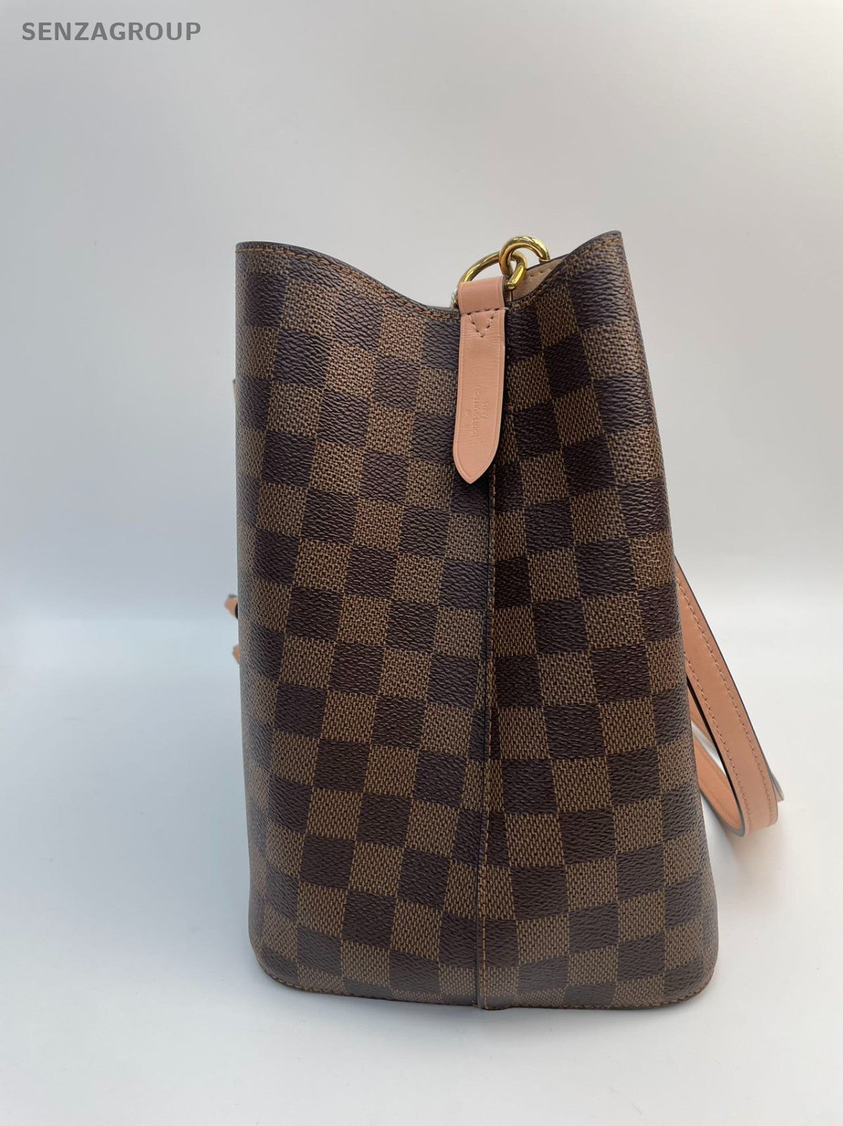 #001 - Louis Vuitton NéoNoé Pink Interior Damier Bucket Bag MM Brown Canvas YY73