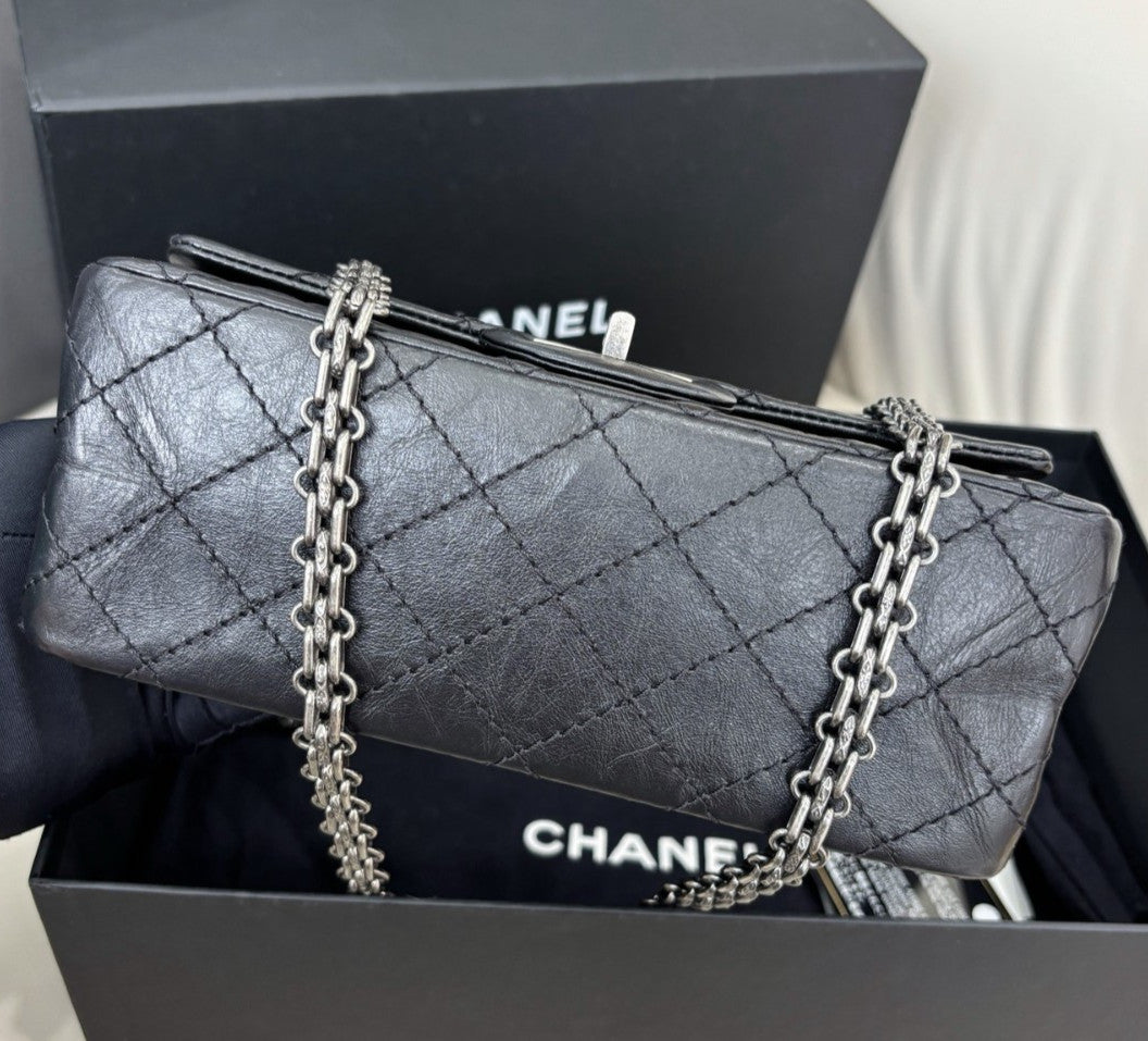 Chanel 2.55 Mini Chain Shoulder Bag Crossbody Black Silver Diamond Women Classic