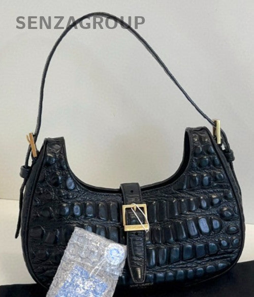 YSL Saint Laurent Croc-Embossed Hobo Shoulder Pea Bag Black Women