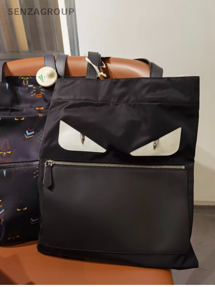 FENDI Monster Logo Tote Canvas Black Silver Shoudler bag Classic