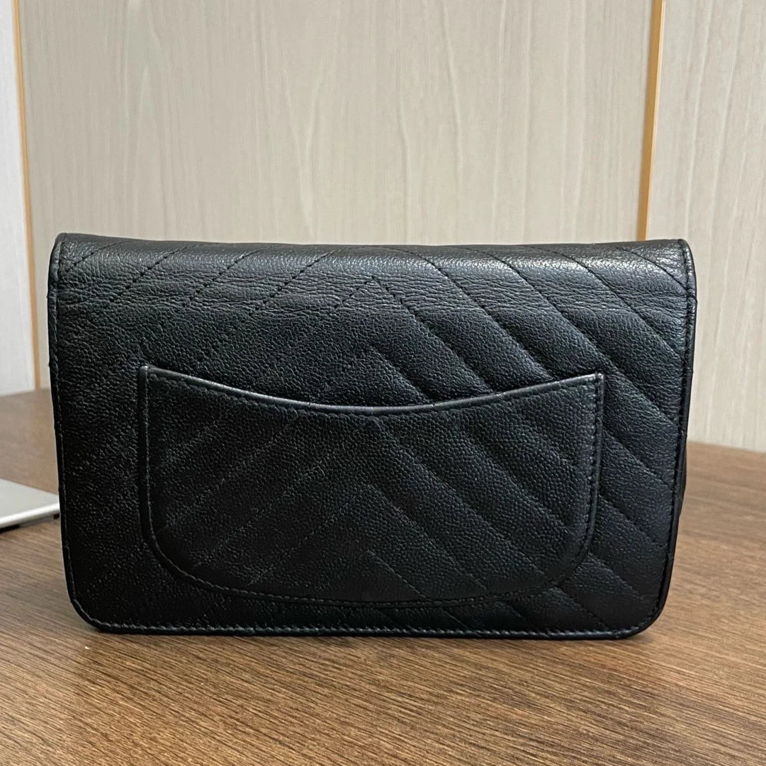 Authentic Chanel Woc Chevron Black Chain Crossbody Silver Hardware Excellent