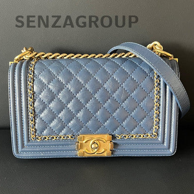 Chanel Le Boy MM Blue Gold Quilted Chain Shoulder Bag - Classic & Stylish