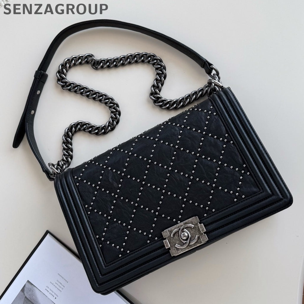 Chanel Leboy MM Chain Shoulder Crossbody Black Silver Diamond Women Classic