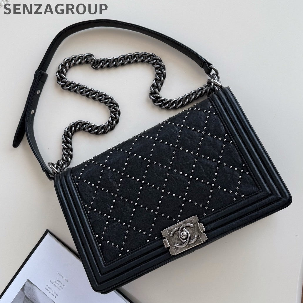 Chanel Leboy MM Chain Shoulder Crossbody Black Silver Diamond Women Classic