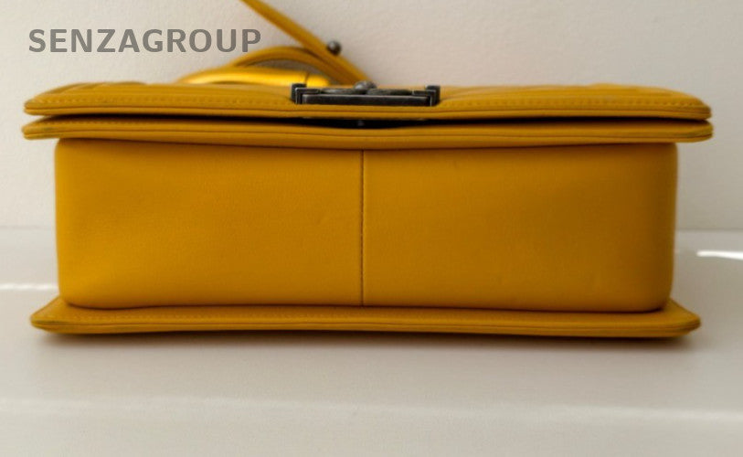 Chanel Leboy MM Lambskin Chain Shoulder Bag Yellow Silver Used Women Classic