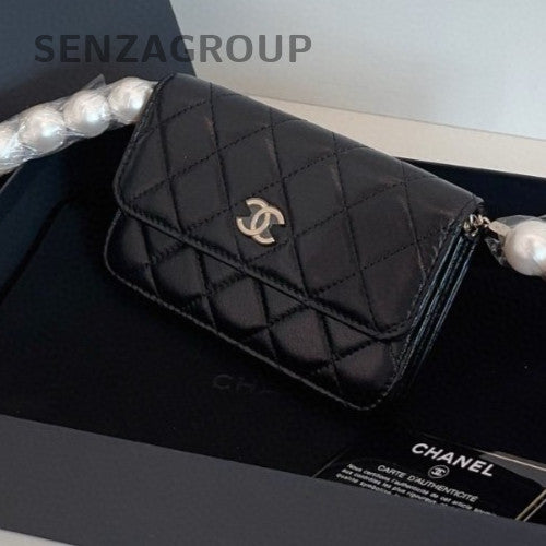 Chanel WOC Diamond Pearl Chain Crossbody Black Gold Women Designer Fashion