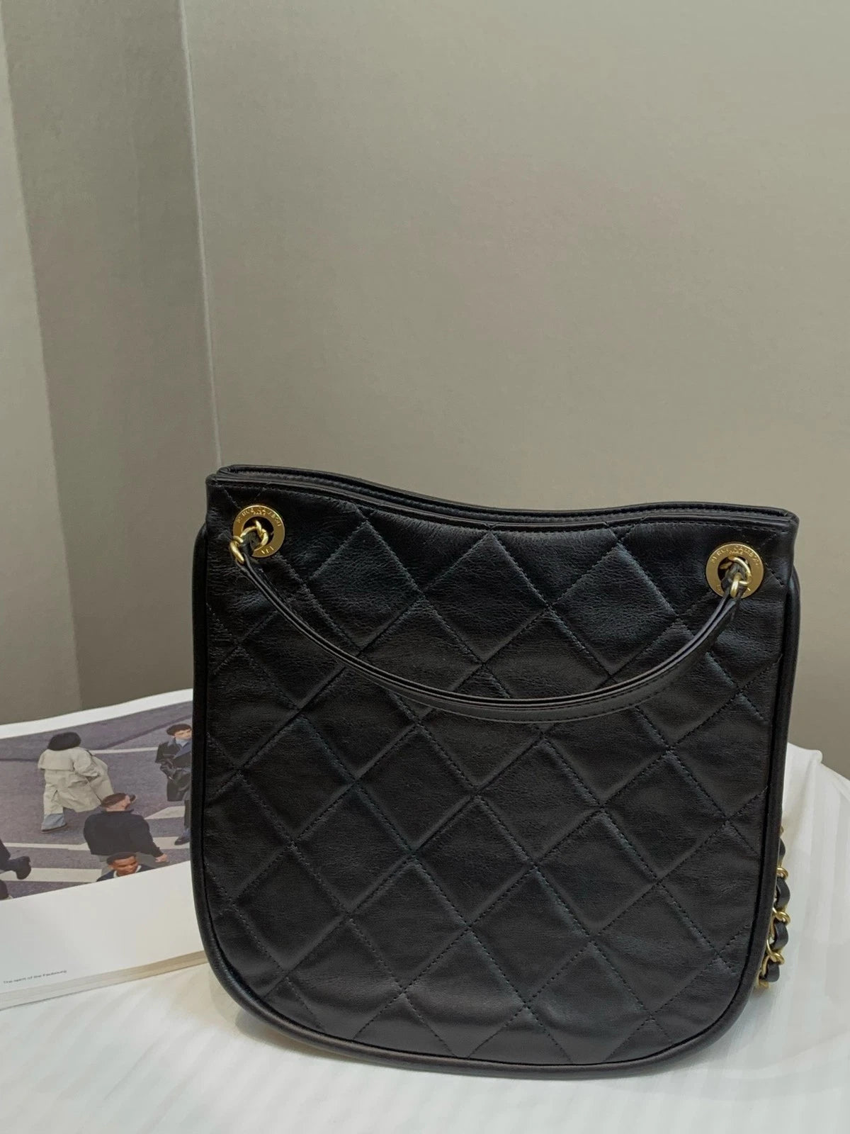 CHANEL Black Gold Calfskin Hobo Shoulder Crossbody Bag For Women