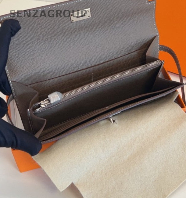 Hermes kelly Epsom Leather long Wallet Crossbody Gray Silver Women Classic