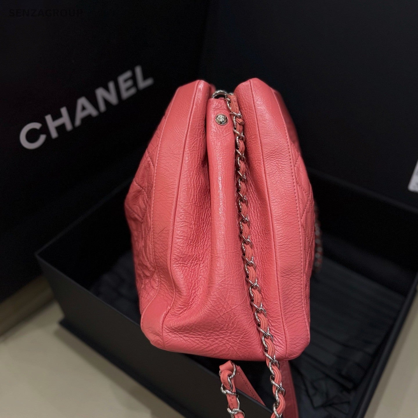 CHANEL Drawstring Bucket Oil waxed leather Chain Shoulder bag Pink Women