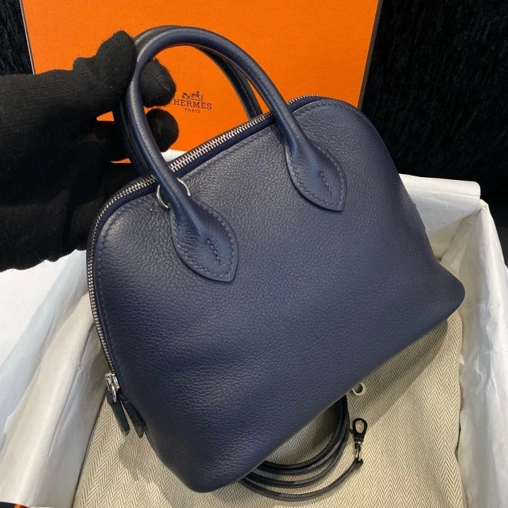 Hermes Bolide Mini Top Handle Bag Crossbody Navy Silver Women Classic D