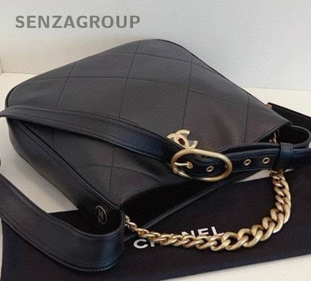 Chanel 21K PM Hobo Chain Shoulder Bag Crossbody Black Gold Women Classic Fashion