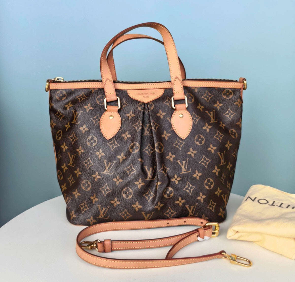Louis Vuitton Palermo PM Monogram Top Handle Crossbody Brown Gold Women Classic
