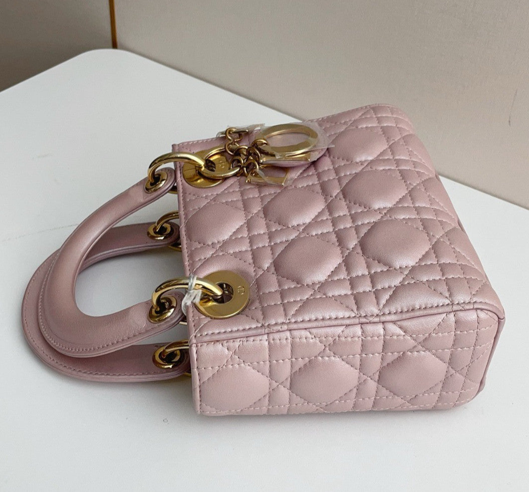 Christian Dior Lady Dior Chain Crossbody Top Handle Bag Pink Gold Women Classic