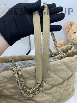 Chanel Quilted Tote Chain Shoulder Bag Beige Silver Hardware Classic