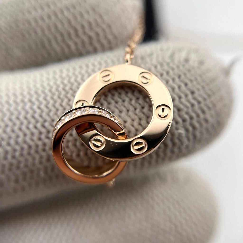 Cartier Love Necklace 18K Rose Gold Diamond Double Ring Pendant