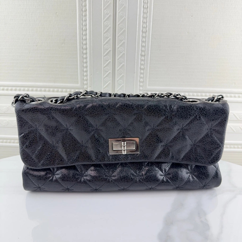 CHANEL 2.55 Baguette Shoulder Bag Black Silver Hardware For Women