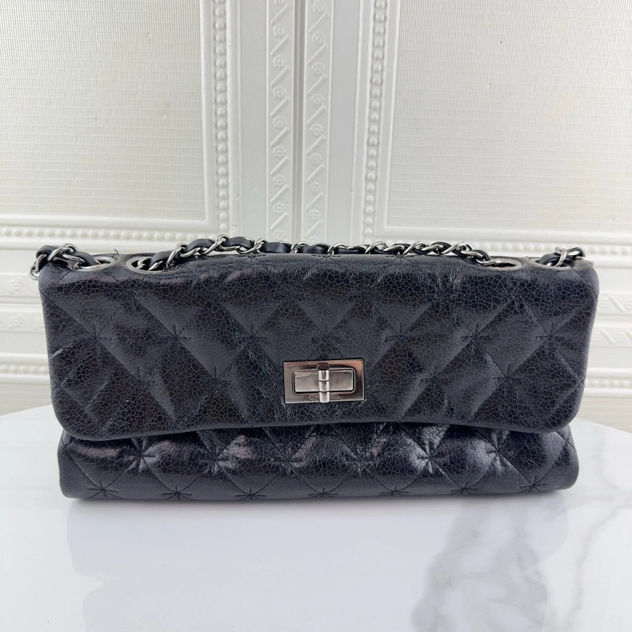 CHANEL 2.55 Baguette Shoulder Bag Black Silver Hardware For Women