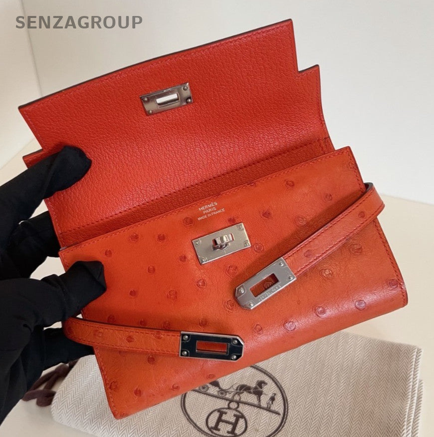 Hermes Kelly Wallet Chain Crossbody Orange Silver Used Women Classic Fashion