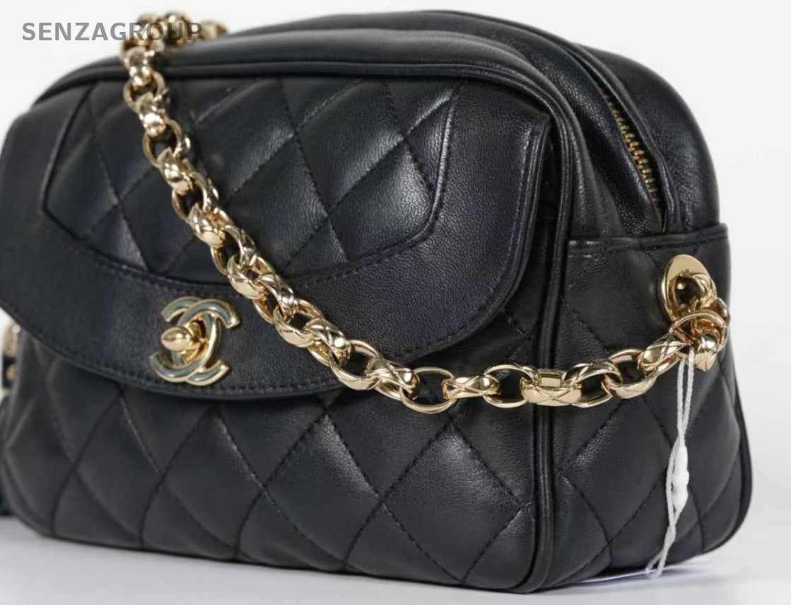 Chanel Fringe Chain Shoulder Bag Crossbody Black Gold Women Classic Diamond