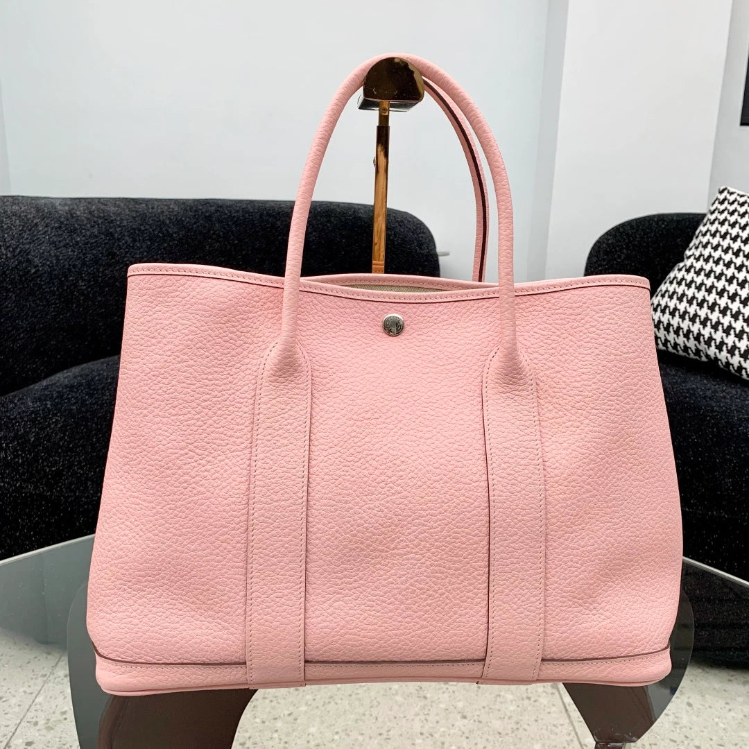 Hermes Garden Party 36 Calfskin Tote Top Handle Bag Pink Silver Women Fashion S