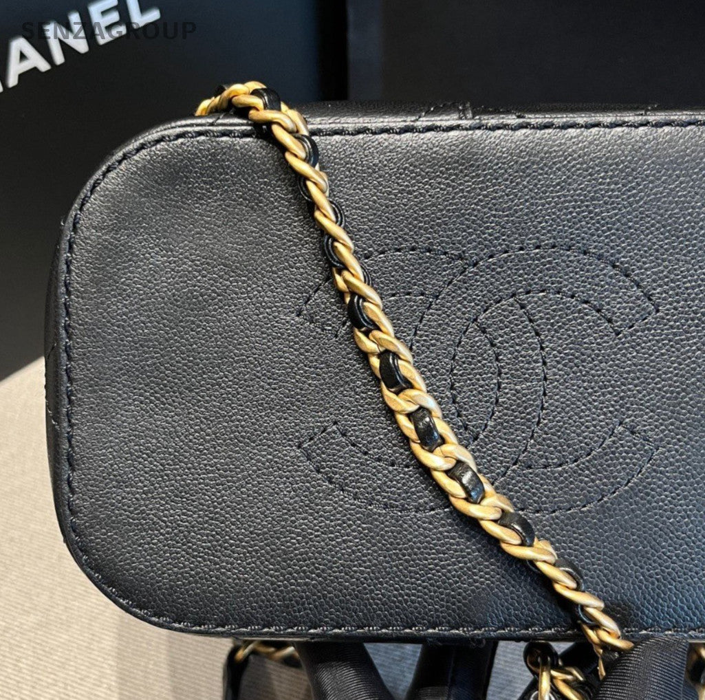 Chanel Easy Mood MM Bucket Chain Shoulder Bag Crossbody Black Gold Women Classic