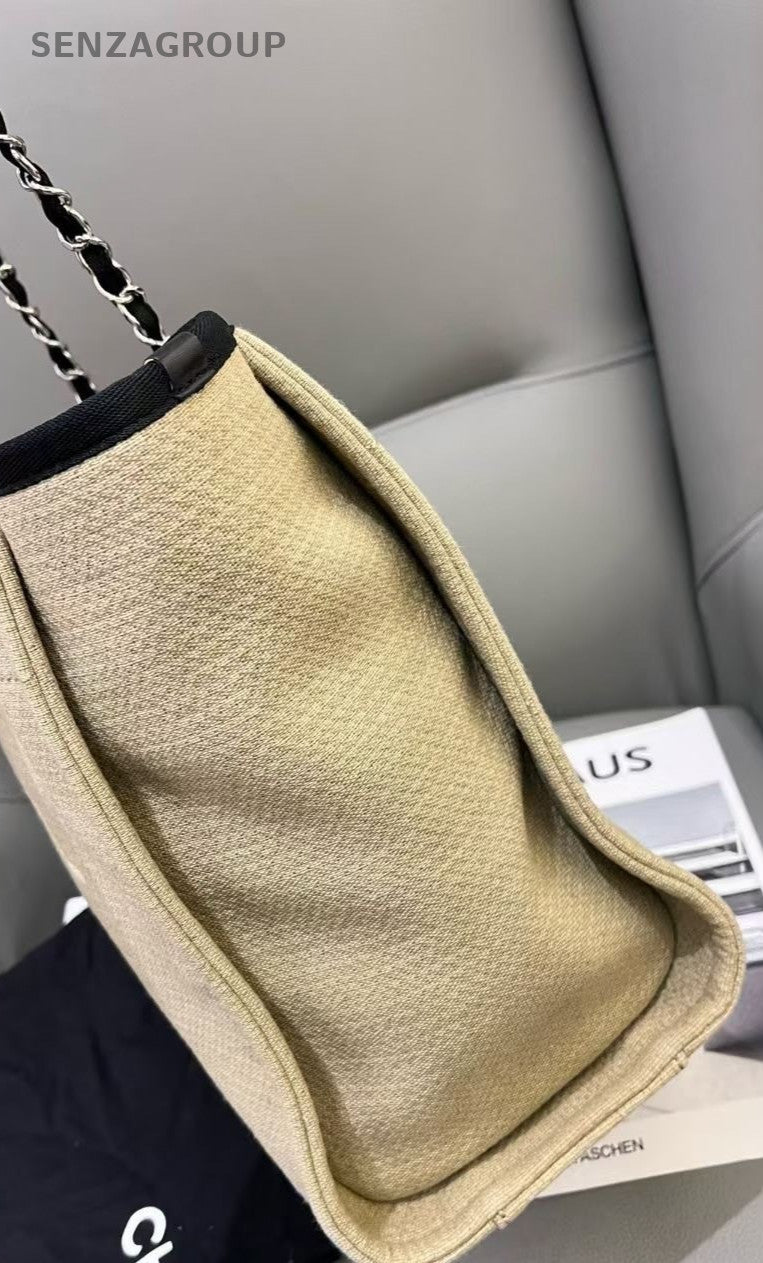 CHANEL Beach Tote Canvas Shoulder Bag Women Beige