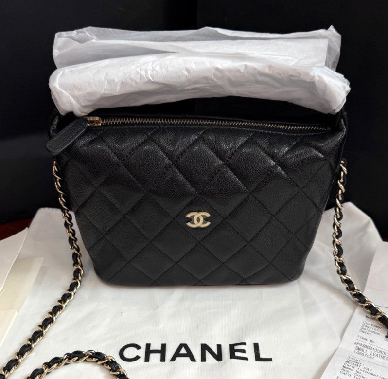 Chanel Calfskin Hobo Chain Crossbody Top Handle Bag Black Gold Women Classic
